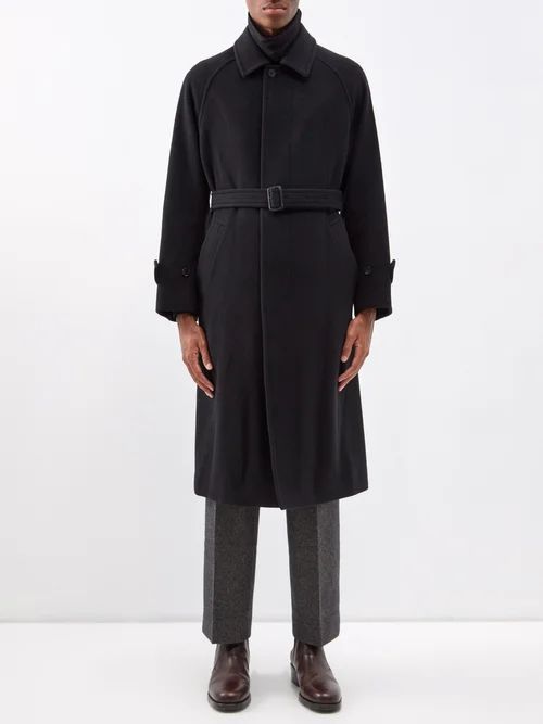 Raglan-sleeve Belted Wool-blend Overcoat - Mens - Black