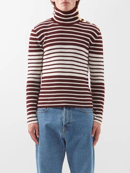 Roll-neck Striped Wool Sweater - Mens - Ivory Red