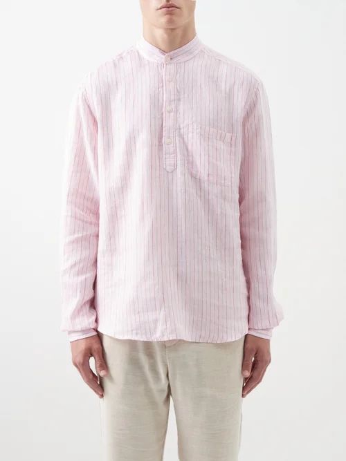 Stand-collar Striped Linen Shirt - Mens - Pink Multi