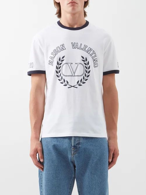 V-logo Print Cotton-jersey T-shirt - Mens - White Navy