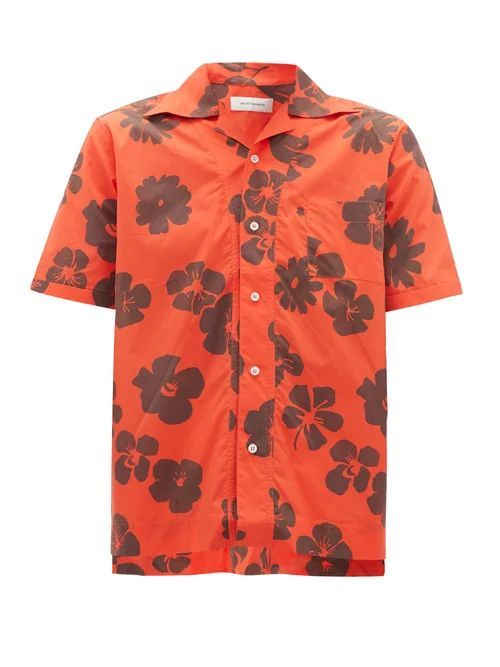 Wales Bonner - Hibiscus-print Cuban-collar Cotton-poplin Shirt - Mens - Red Multi