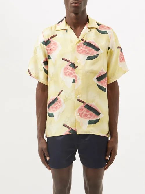 Watermelon-print Crane-jacquard Silk Shirt - Mens - Yellow Multi