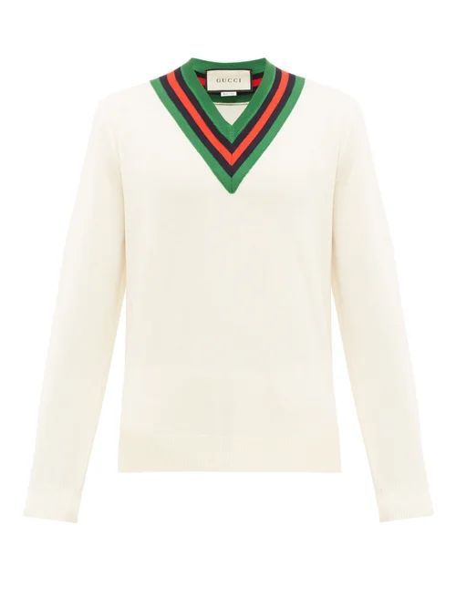 Web-stripe V-neck Wool Sweater - Mens - White