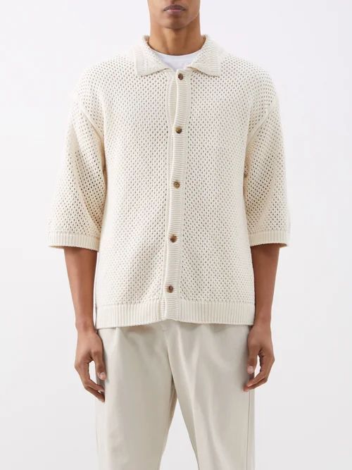 Crochet-knit Cotton Cardigan - Mens - White