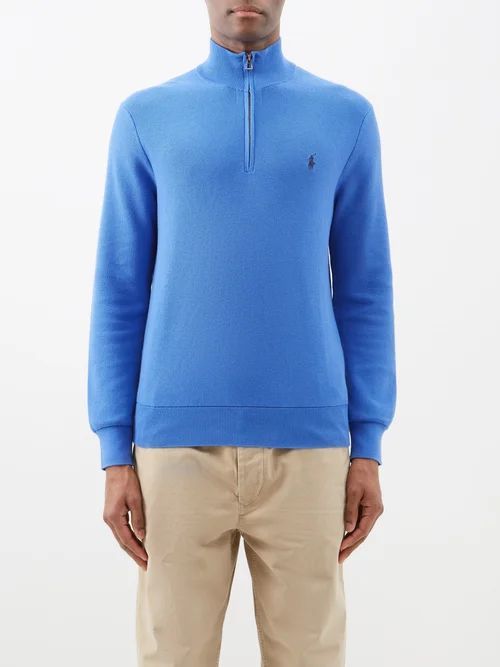 Logo-embroidered Zipped Cotton-piqué Sweater - Mens - Blue