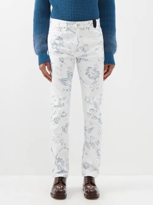 Oliver Floral-print Straight-leg Jeans - Mens - White Multi