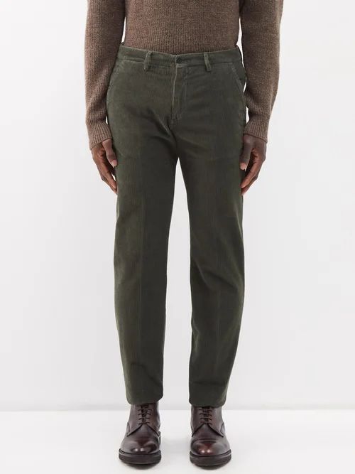 Flat-front Cotton-corduroy Trousers - Mens - Green