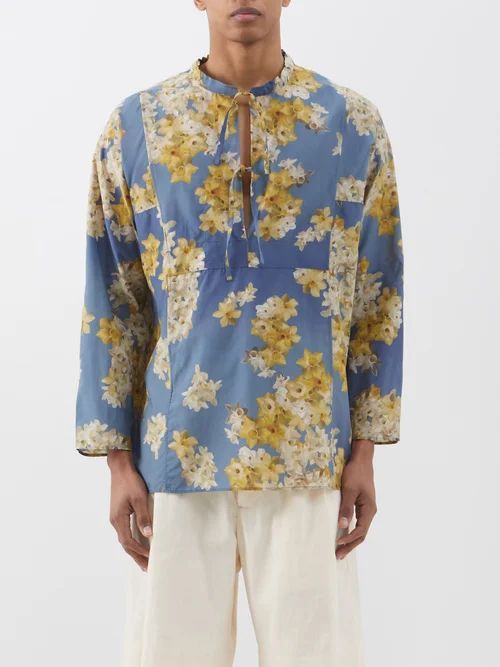 Daffodil-print Cotton-blend Habotai Tunic Shirt - Mens - Blue Multi