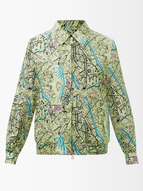 Map-print Silk-satin Jacket - Mens - Green Multi
