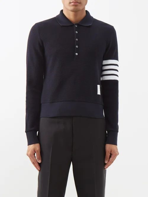 Four-bar Waffle-knit Polo Shirt - Mens - Navy