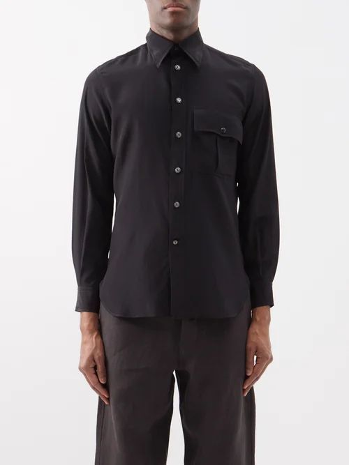Patch-pocket Silk Crepe De Chine Shirt - Mens - Black