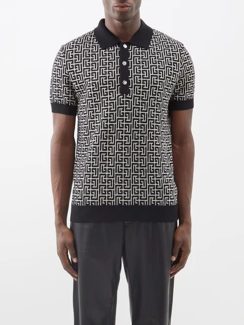 Monogram-jacquard Merino-blend Polo Shirt - Mens - Ivory Black