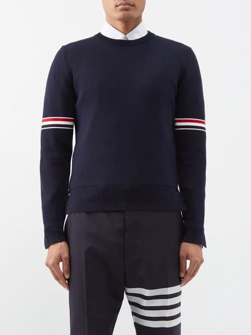 Tricolour-intarsia Cotton Sweater - Mens - Navy
