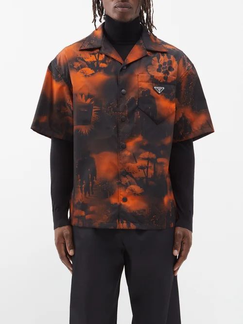 Cuban-collar Floral-print Re-nylon Shirt - Mens - Orange Black