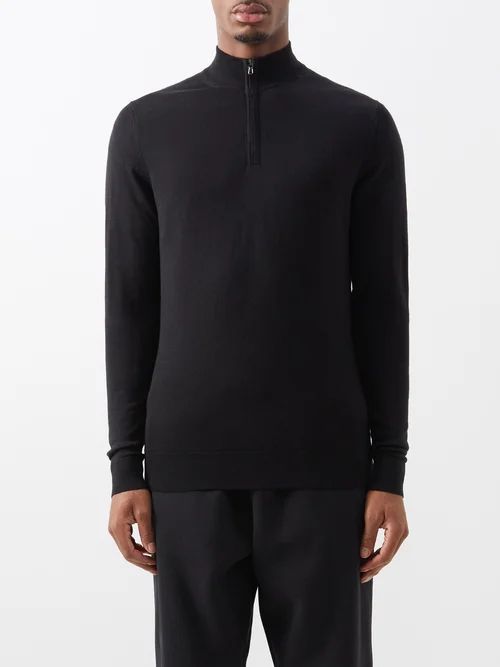 Zip-neck Merino-wool Sweater - Mens - Black