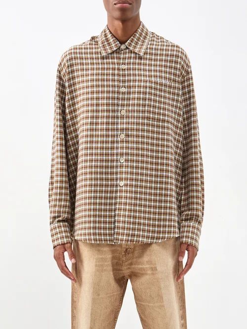 Above Checked Linen Shirt - Mens - Green Multi