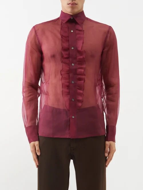 Ruffled-placket Semi-sheer Silk Shirt - Mens - Red