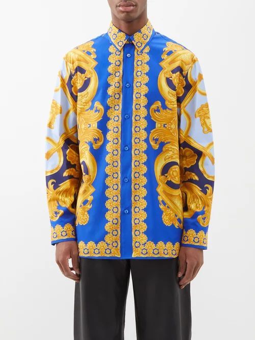 Baroque-print Cotton-poplin Shirt - Mens - Blue Gold