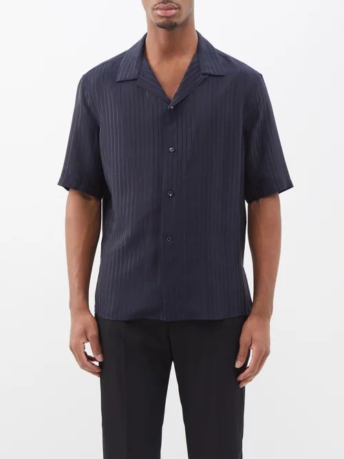 Striped Silk-jacquard Shirt - Mens - Midnight Blue