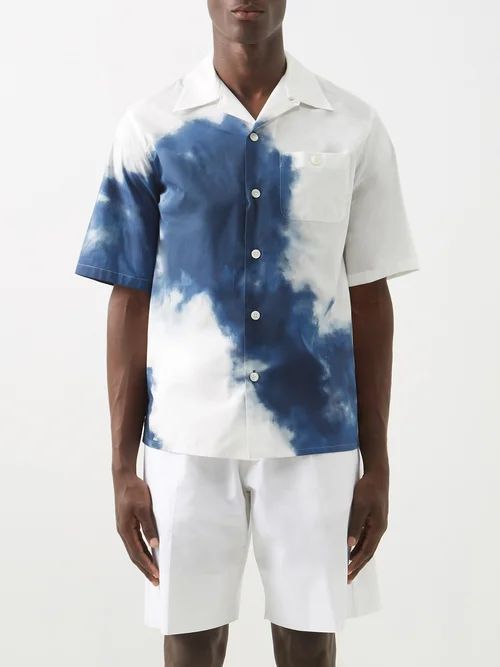 Storm-print Organic Cotton-poplin Shirt - Mens - Sky Blue