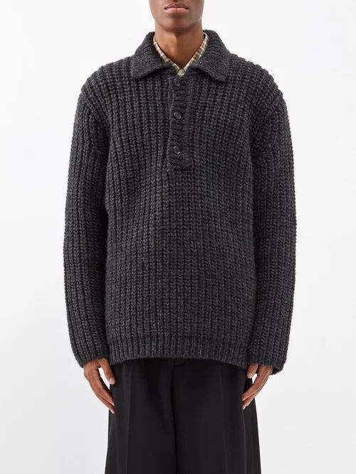Big Piquet Cable-knit Wool Cardigan - Mens - Dark Grey