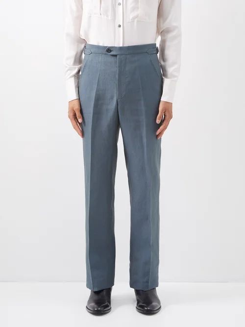 Pleated Linen Suit Trousers - Mens - Dark Blue