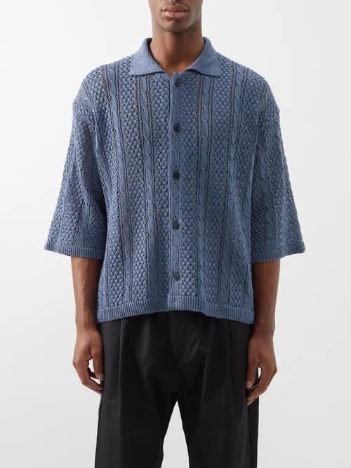 Cable-knit Linen-blend Cardigan - Mens - Blue