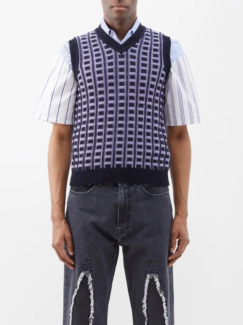 V-neck Cotton Sweater Vest - Mens - Navy Multi
