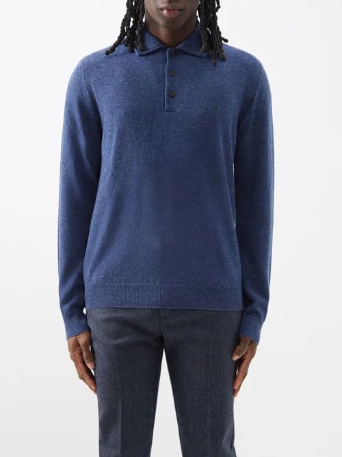 Wool Knitted Polo Top - Mens - Blue
