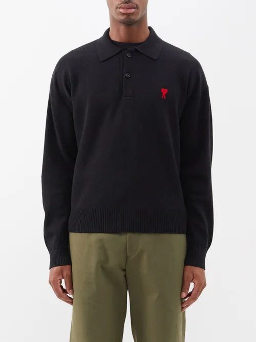 Logo-embroidered Wool Polo Shirt - Mens - Black