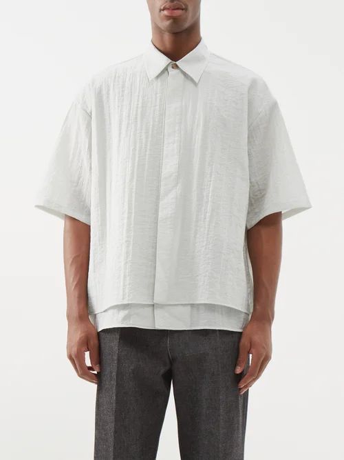 Layered Crinkled Short-sleeved Shirt - Mens - Light Grey