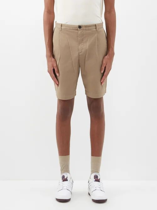 Pleated Stretch-cotton Twill Shorts - Mens - Beige
