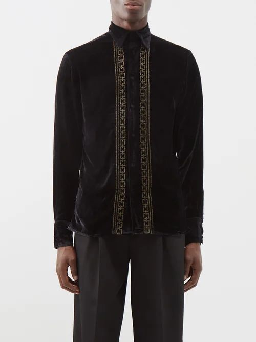 Chain-embroidered Velvet Shirt - Mens - Black Multi