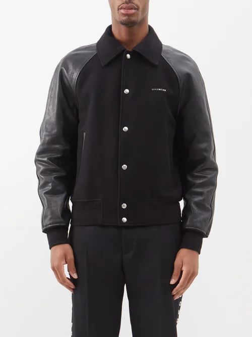Leather-sleeved Wool-blend Bomber Jacket - Mens - Black