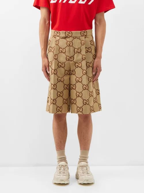 GG-jacquard Cotton-blend Canvas Shorts - Mens - Camel
