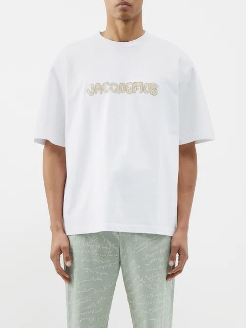 Macramé-logo Cotton T-shirt - Mens - White Multi