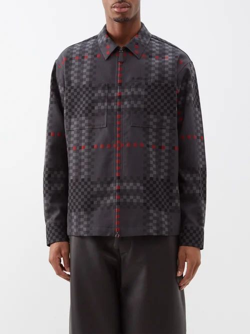 Pixel-check Wool-blend Shirt - Mens - Grey Multi