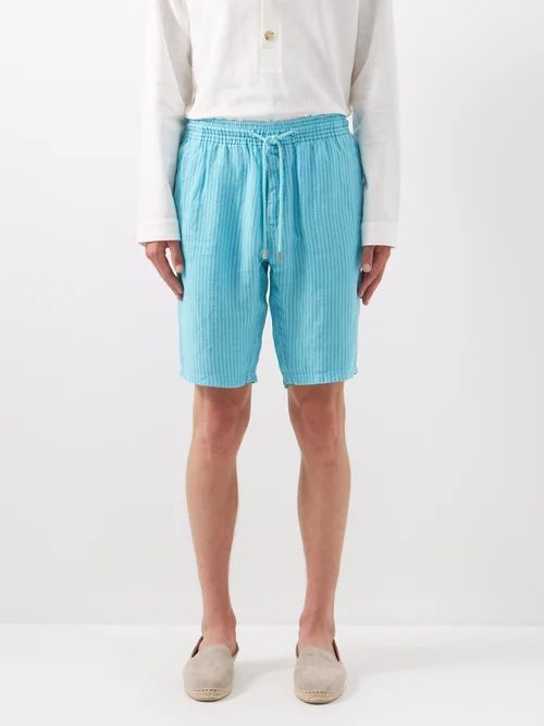 Striped Linen-broadcloth Shorts - Mens - Blue