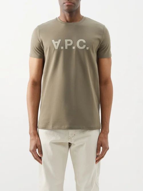 Vpc-flocked Logo Organic Cotton-jersey T-shirt - Mens - Khaki