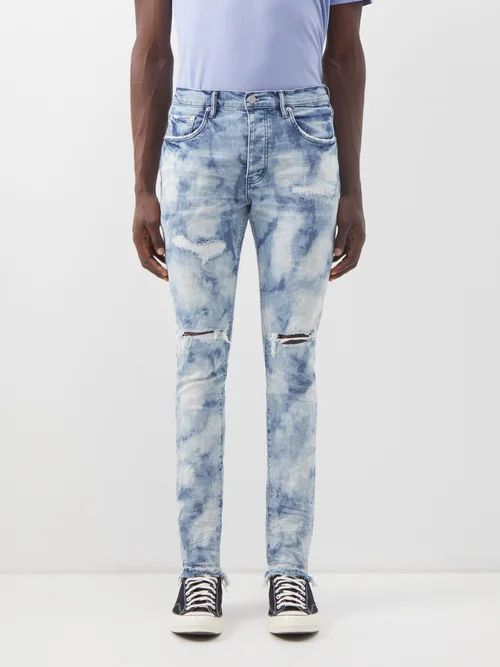 P001 Bleached Distressed Slim-leg Jeans - Mens - Light Blue