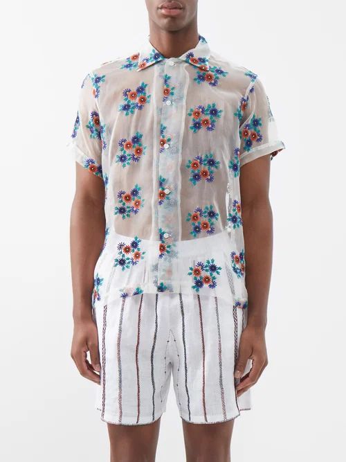 Short-sleeved Floral-embroidered Silk Shirt - Mens - Multi