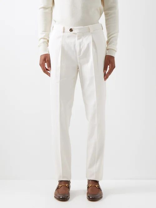 Pleated Cotton-gabardine Trousers - Mens - Cream