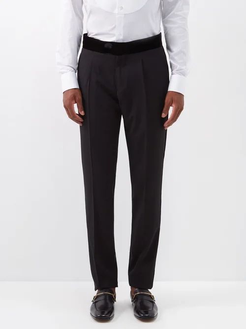 Velvet-waistband Wool Tuxedo Trousers - Mens - Black