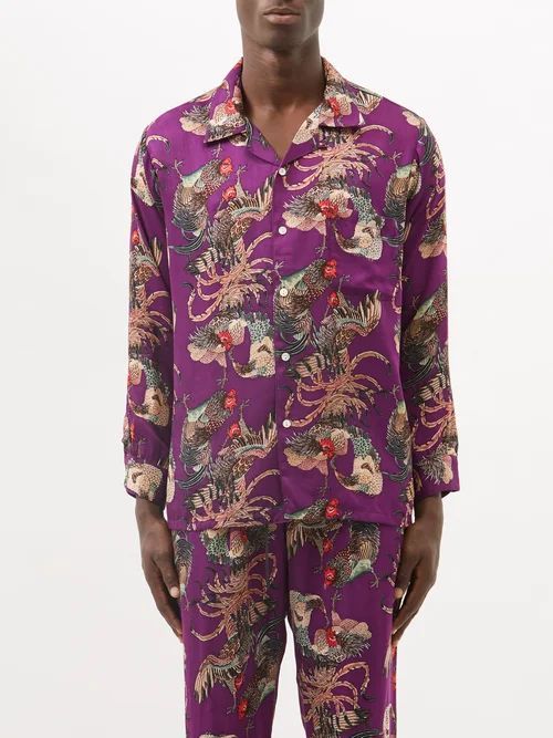 Rooster-print Twill Shirt - Mens - Purple Multi