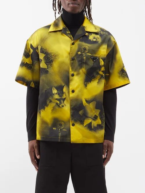 Cuban-collar Floral-print Re-nylon Shirt - Mens - Yellow Black