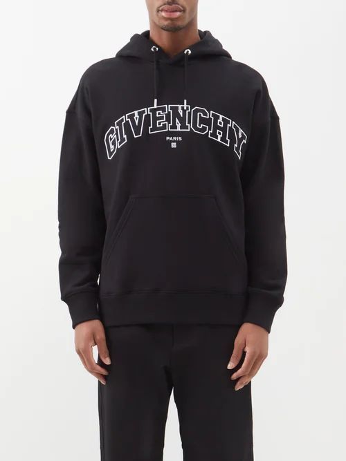 Varsity-logo Embroidered Jersey Hooded Sweatshirt - Mens - Black