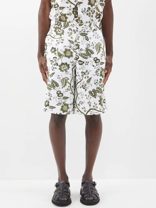Miles Floral-print Linen Bermuda Shorts - Mens - Green Multi