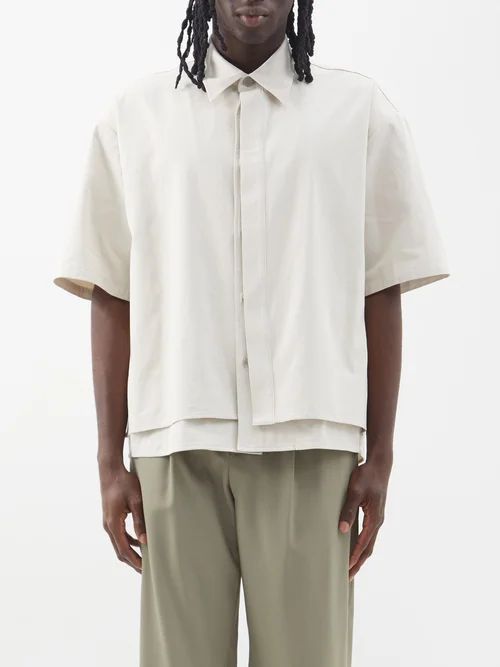 Layered Denim Short-sleeved Shirt - Mens - Cream