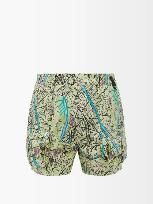 Map-print Silk-twill Shorts - Mens - Green Multi