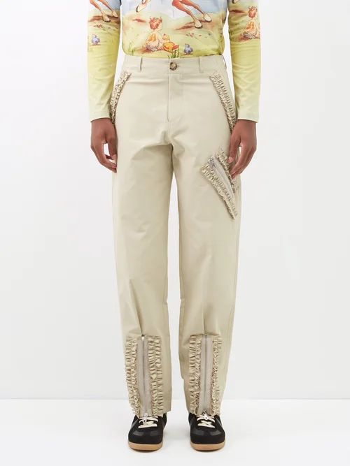 Franko Cotton-blend Frill Trousers - Mens - Stone